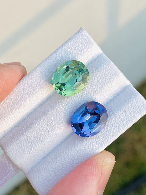 8.84Ct pair Natural tourmaline and tanzanite gemstone green blue color loose stone precision cut WB Gem C015