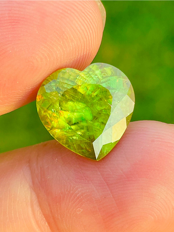 9.88Ct Natural sphene gemstone green greenish color loose stone multi play color fine heart cut madagasgar WB Gem  SHA10