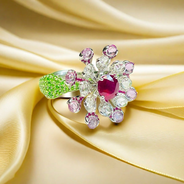 Luxury Art Firework Tree Ring 1.05 carat Burma ruby Unheated Pigeon Blood with Demantoid Ural certified AlGS E013