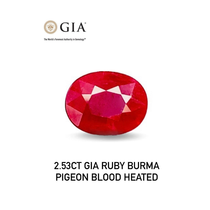 2.53ct GIA Ruby Burma Pigeon Blood Heated on a white background with GIA logo.