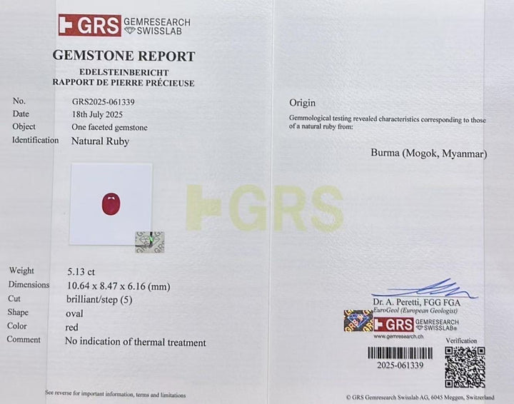 Natural Ruby Certificate GRS