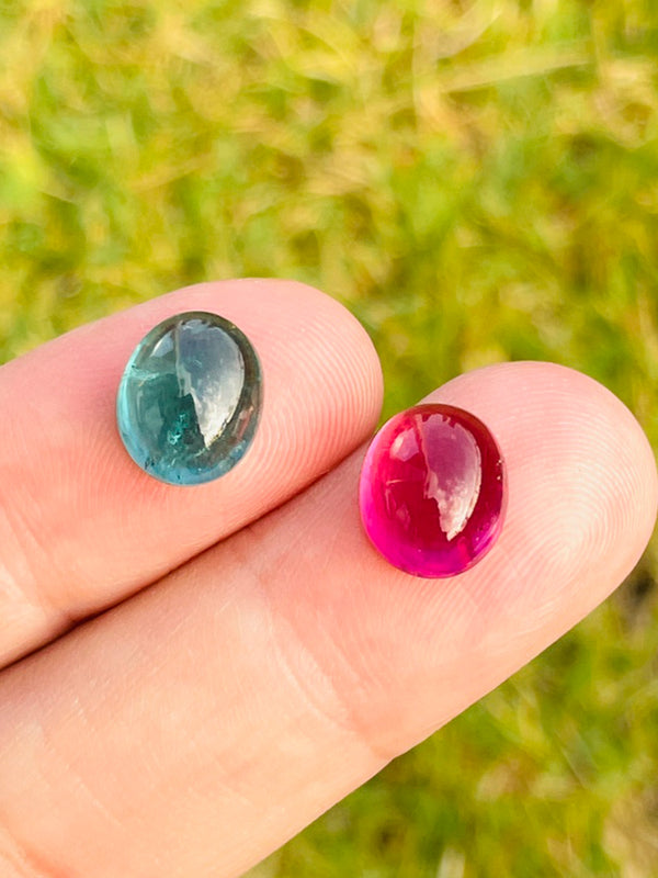 زوج 9.16Ct تورمالين طبيعي أحجار كريمة فضفاضة حجر الجمال لاجون أزرق مقابل أحمر وردي كابوشون نيجيريا WB جوهرة TMC03