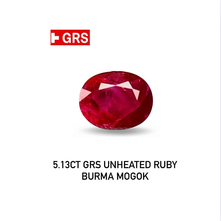 5.13ct GRS unheated ruby from Burma Mogok on a white background with GRS logo.