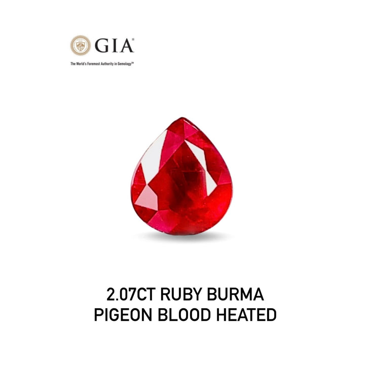 Teardrop-shaped ruby from Burma with GIA certification on a white background