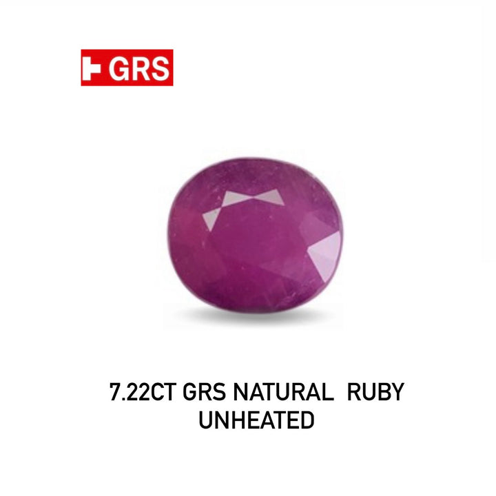 7.22ct GRS Natural Ruby Unheated on a white background with GRS logo.