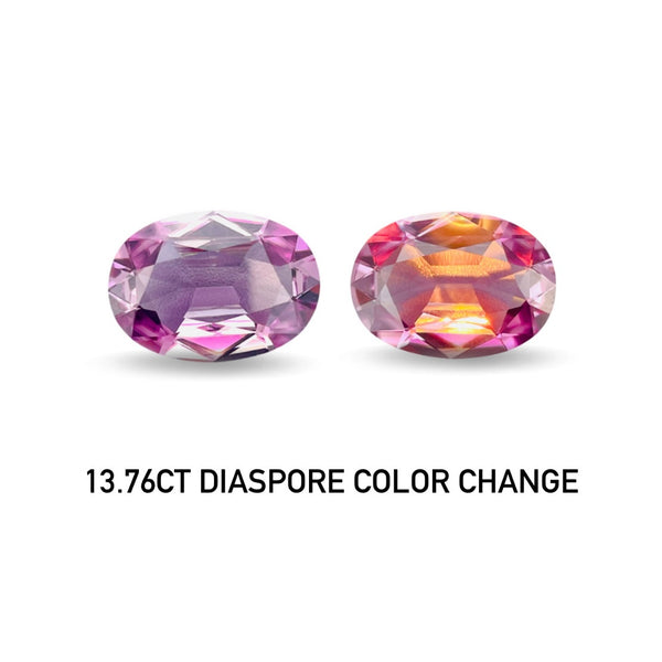 Two gemstones with color change properties on a white background Diaspore