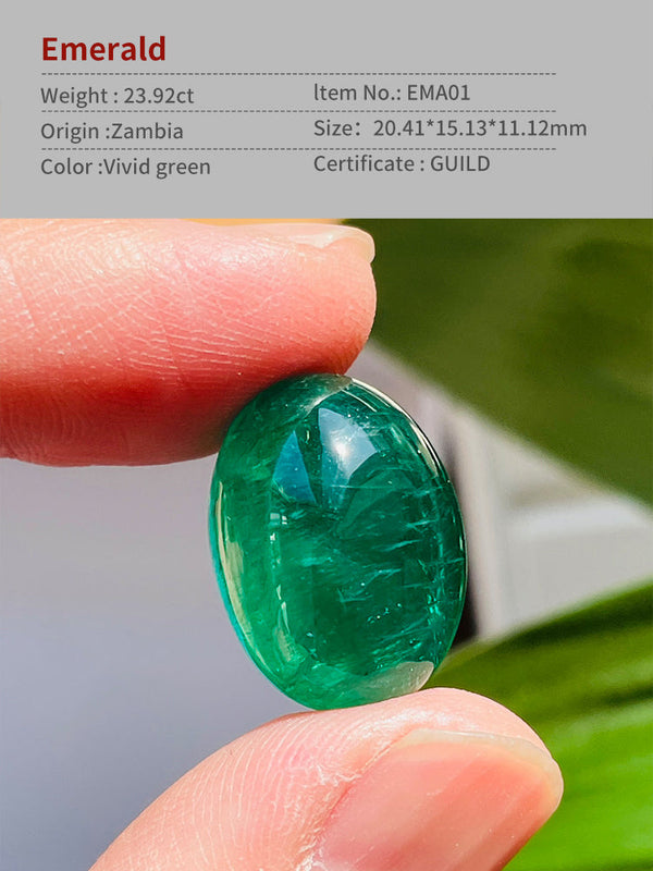 Von der Gilde zertifizierter, seltener 23,92 ct natürlicher Smaragd-Cabochon-Edelstein, lebendiges Grün, Sambia, schöner Glanz, feine Form, WB Gems EMA01